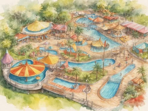Eine Ferienanlage mit einem weitläufigen Wasserpark. Zu sehen sind mehrere Schwimmbecken, Rutschen und ein Bereich mit Sonnenschirmen und Liegen. Bunte Pavillons und Zelte sind zwischen Palmen angeordnet. Einige Personen sind im Wasser oder entspannen auf Liegen. Die Anlage ist von üppigem Grün umgeben.