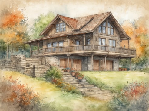 Ein gemütliches Ferienhaus in rustikalem Stil steht in einer malerischen Landschaft. Das Haus hat eine Holzfassade und verfügt über große Fenster, die Licht einlassen. Eine breite Veranda umgibt das obere Geschoss, das von mehreren Säulen getragen wird. Vor dem Haus führt eine steinerne Treppe hinunter, gesäumt von bunten Blumentöpfen. Die Umgebung ist von Bäumen und Sträuchern umgeben, die in warmen Herbsttönen leuchten. Im Vordergrund erstreckt sich ein sanfter Rasenbereich mit vereinzelt blühenden Pflanzen.