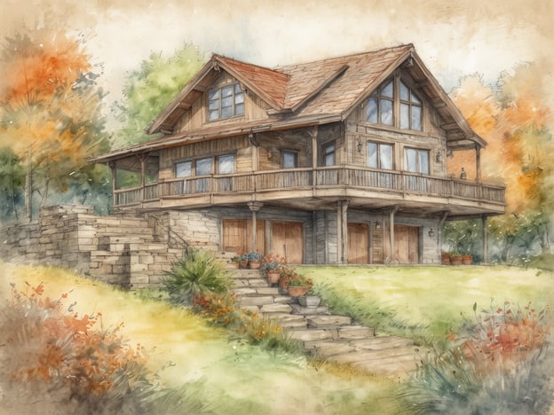 Ein gemütliches Ferienhaus in rustikalem Stil steht in einer malerischen Landschaft. Das Haus hat eine Holzfassade und verfügt über große Fenster, die Licht einlassen. Eine breite Veranda umgibt das obere Geschoss, das von mehreren Säulen getragen wird. Vor dem Haus führt eine steinerne Treppe hinunter, gesäumt von bunten Blumentöpfen. Die Umgebung ist von Bäumen und Sträuchern umgeben, die in warmen Herbsttönen leuchten. Im Vordergrund erstreckt sich ein sanfter Rasenbereich mit vereinzelt blühenden Pflanzen.
