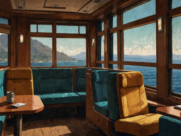 Auf dem Bild ist ein gemütlicher Zugabteil zu sehen, das große Fenster bietet einen weiten Blick auf die Landschaft, wahrscheinlich mit einem Gewässer und Bergen im Hintergrund.Hier sind einige Tipps für eine gelungene Zugreise:1. **Reisevorbereitung**: Informiere dich im Voraus über die Strecke, Fahrpläne und eventuelle Umstiege.2. **Bequeme Kleidung**: Trage bequeme Kleidung, da längere Fahrten unbequem werden können.3. **Unterhaltung**: Bring dir ein Buch, Musik oder Podcasts mit, um die Zeit zu vertreiben.4. **Snacks und Getränke**: Packe leichte Snacks und Getränke ein, um während der Fahrt etwas zu essen und zu trinken.5. **Fenstersitz**: Wenn möglich, wähle einen Sitzplatz am Fenster, um die Aussicht zu genießen.6. **Pünktlichkeit**: Sei rechtzeitig am Bahnhof, um einen stressfreien Einstieg zu haben.7. **Entspannung**: Nutze die Zeit, um dich zu entspannen und die Umgebung zu genießen.Viel Spaß auf deiner Zugreise!