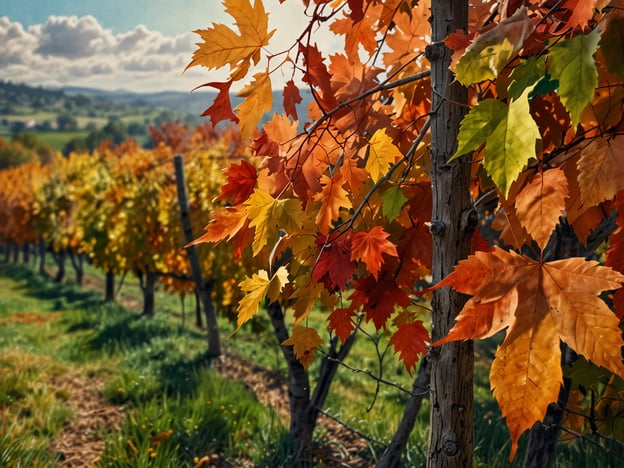 Der Herbst in Italien ist ein wahrhaft malerisches Schauspiel, wenn die Natur in ein Farbenmeer aus warmen Rottönen, leuchtendem Gelb und sanften Orange eintaucht. Die sanften Hügel und weiten Weinberge verzaubern mit ihrer Schönheit und laden zu romantischen Spaziergängen ein.Auf dem Bild sind prächtige Herbstblätter zu sehen, die in verschiedenen Farben leuchten. Diese Blätter, in warmen Rottönen und kräftigem Gelb, gehören wahrscheinlich zu Weinreben, die typischerweise in der italienischen Landschaft wachsen. Die Szenerie wird von sanften Hügeln im Hintergrund umrahmt, was das idyllische Ambiente des Herbstes unterstreicht. Die liebevoll gepflegten Weinreben und das üppige Grün am Boden fördern das Gefühl von Ruhe und Harmonie in der Natur.