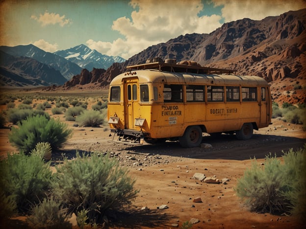 Auf dem Bild ist ein gelber, alter Bus in einer kargen Wüstenlandschaft zu sehen, umgeben von niedrigen Sträuchern und einer beeindruckenden Bergkulisse im Hintergrund.Für eine alternative Erkundung abseits der Touristen-Hotspots könnte man eine ähnliche Umgebung in weniger bekannten Naturparks oder Naturschutzgebieten suchen. Zum Beispiel könnten entlegene Wüstenregionen oder geografisch interessante Orte besucht werden, wo man die Ruhe der Natur genießen und bezaubernde Landschaften abseits des Trubels erleben kann. Solche Orte bieten oft authentische Erlebnisse und die Möglichkeit, die lokale Flora und Fauna zu entdecken, ohne den Massentourismus.