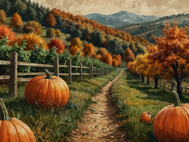 Auf dem Bild sieht man eine malerische Herbstlandschaft mit leuchtend orangefarbenen Kürbissen, die symbolisch für die Erntezeit stehen. Die Bäume haben bunte Blätter in verschiedenen Herbsttönen, die eine gemütliche Atmosphäre schaffen.In solch einer Umgebung könntest du Aktivitäten wie einen Spaziergang auf dem Weg unternehmen, das Laub sammeln und darüber nachdenken, vielleicht einen Kürbis für Halloween auszuwählen oder Kürbisgerichte zuzubereiten. Es bietet sich auch an, die Natur zu genießen, frische Luft zu schnappen und die wechselnden Farben der Landschaft zu bewundern, während man die Schönheiten des Herbstes erlebt.