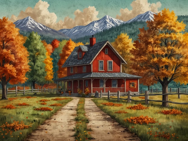 Der Herbst ist eine bezaubernde Jahreszeit, die mit ihren bunten Farben und klaren Tagen zahlreiche kulturelle Highlights bereithält. Es ist die perfekte Zeit für Erntefeste, Wanderungen in der Natur und das Genießen frischer, saisonaler Köstlichkeiten.Auf dem Bild ist ein malerisches, rotes Haus zu sehen, das von leuchtend orange- und gelbgefärbten Bäumen umgeben ist. Die Landschaft wird von majestätischen Bergen im Hintergrund ergänzt, während ein geschwungener Weg zum Haus führt, der von herabgefallenen Blättern gesäumt ist. Diese idyllische Szenerie vermittelt eine warme, einladende Atmosphäre, die typisch für die Herbstsaison ist.