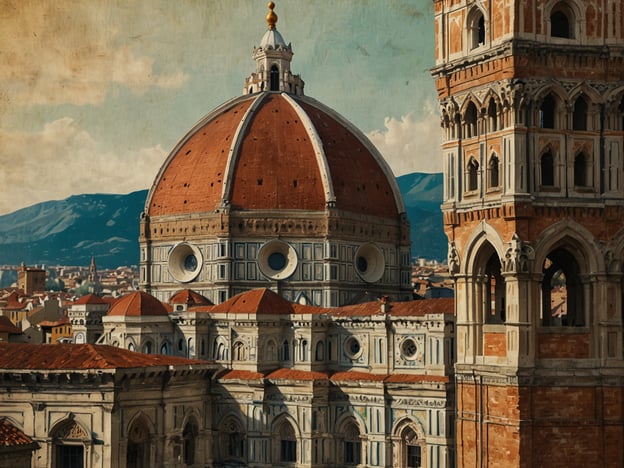 Auf dem Bild ist die beeindruckende Kuppel der Kathedrale von Florenz, bekannt als die Heilige Maria del Fiore, zu sehen. Diese Kuppel ist ein Meisterwerk der Renaissance-Architektur und wurde von Filippo Brunelleschi entworfen. Umgeben von den eleganten Fassaden der Kathedrale und dem Campanile, dem Glockenturm von Giotto, zeigt das Bild das charakteristische Stadtbild Florenz' – ein absolutes Muss für Kunstbegeisterte, die die Schönheit und Geschichte der Stadt erleben möchten. Die sanften Hügel im Hintergrund verleihen der Szenerie zudem eine malerische Note.