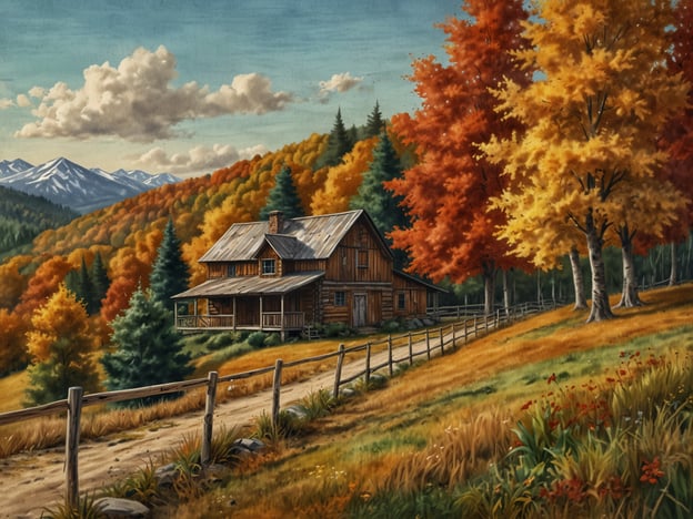 Auf dem Bild ist eine malerische Landschaft im Herbst zu sehen. Eine rustikale Holzhütte steht im Vordergrund, umgeben von leuchtend bunten Laubbaumkronen in warmen Tönen wie Gold, Orange und Rot. Im Hintergrund erheben sich majestätische Berge, während ein sanfter Weg zur Hütte führt, eingefasst von einem Holzgeländer.Herbst ist eine wunderbare Zeit, um die Natur zu genießen und verschiedene Reiseziele zu erkunden. Regionen mit reichem Herbstlaub, wie die Nationalparks in den USA, die bayerischen Alpen oder das Toskana in Italien, bieten atemberaubende Ausblicke und zahlreiche Möglichkeiten für Wanderungen und Erkundungen. Die lebhaften Farben der Blätter und die kühle, frische Luft machen den Herbst zu einer idealen Jahreszeit für Reisen und Naturerlebnisse.