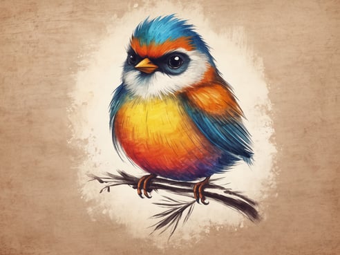 Ein bunter, stilisierter Vogel sitzt auf einem Ast. Der Vogel hat leuchtend orangefarbene und gelbe Federn mit blauen Akzenten auf dem Kopf und dem Rücken. Der Hintergrund ist beige und texturiert, wodurch der Vogel farblich hervorsticht. Das Bild vermittelt eine fröhliche und lebendige Atmosphäre, die gut mit einem Frühbucherrabatt harmoniert.