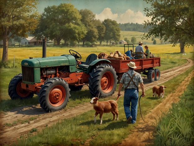 Auf dem Bild ist ein idyllischer Bauernhof zu sehen, auf dem verschiedene Familienaktivitäten stattfinden. Ein grüner Traktor zieht einen roten Wagen, in dem einige Tiere sitzen. Die Familie ist aktiv im Freien und scheint die Natur zu genießen.Aktivitäten für die ganze Familie auf dem Bauernhof könnten Folgendes umfassen:1. **Tierfüttern**: Kinder und Erwachsene können gemeinsam die Tiere füttern, was eine tolle Möglichkeit ist, etwas über die Landwirtschaft zu lernen.2. **Heu sammeln**: Familienmitglieder können zusammen helfen, Heu zu sammeln und die Wiesen für den Winter vorzubereiten.3. **Traktorfahrten**: Eine Traktorfahrt auf dem Hof macht Spaß und ermöglicht es, die Umgebung zu erkunden.4. **Erntezeit**: Familien könnten zusammen Gemüse oder Obst pflücken, was nicht nur lehrreich, sondern auch gesund ist.5. **Bauernmarkt besuchen**: Hier können frische Produkte gekauft und lokale Spezialitäten probiert werden.6. **Spiel und Spaß im Freien**: Ein Picknick oder Spiele im Freien, wie Frisbee werfen oder Fußball spielen, könnten ebenfalls Teil des Tages sein.All diese Aktivitäten fördern das Miteinander und das Verständnis für die Landwirtschaft!