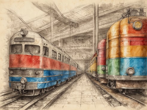 Ein historischer Bahnhof mit mehreren bunten Zügen, darunter ein blau-rot lackierter Zug im Vordergrund, der auf den Schienen steht. Im Hintergrund sind weitere Züge in verschiedenen Farben zu sehen. Die Szene ist von einem nostalgischen Ambiente geprägt und vermittelt den Eindruck einer Gruppenreise durch die vergangene Zeit im Eisenbahnverkehr.