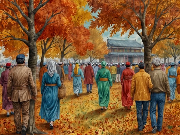 Auf dem Bild sieht man eine Menschenmenge, die durch eine herbstliche Landschaft mit bunten, roten und orangefarbenen Blättern schlendert. Diese Szenerie könnte an kulturelle Feste im Herbst erinnern, wie zum Beispiel das Erntedankfest, wo Gemeinschaft und Dankbarkeit für die Ernte im Vordergrund stehen.In vielen Ländern gibt es im Herbst auch das Fest der Lichter oder verschiedene religiöse Feiern, die häufig mit Prozessionen oder Festlichkeiten verbunden sind. Die herbstlichen Farben symbolisieren oft den Wandel der Jahreszeiten und die Vorbereitung auf den Winter, was in verschiedenen Kulturen gefeiert wird. Das Bild vermittelt ein Gefühl von Gemeinschaft und Feierlichkeit, das typisch für viele Herbstfeste ist.