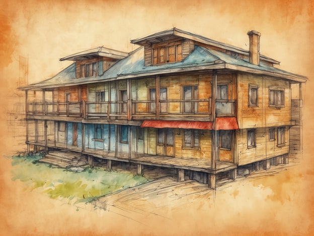 Ein mehrstöckiges, holzverkleidetes Gebäude mit einer überdachten Veranda, die sich um die Vorderseite zieht. Die Fassade zeigt verschiedene Farben, darunter Rot, Blau und Beige. Das Dach hat eine charakteristische Form mit Schrägen und ist in einem schlichten Farbton gehalten. Das Gebäude steht auf Holzstützen und ist von einer grünen Wiese umgeben. Diese Unterkunft könnte für Gäste mit Halbpension genutzt werden, die eine gemütliche Atmosphäre suchen.