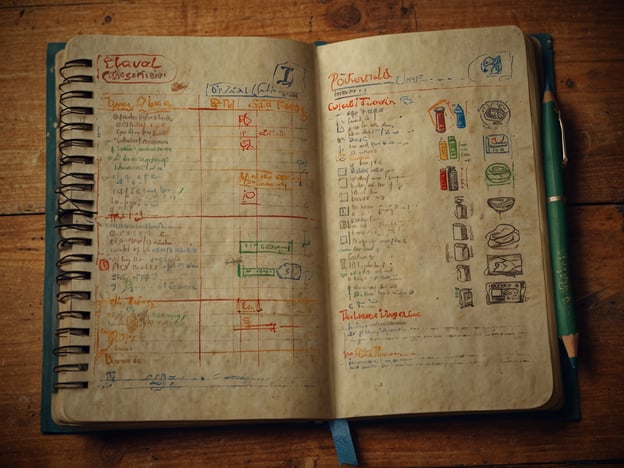 Auf dem Bild ist ein offenes Notizbuch zu sehen, das handschriftliche Einträge und Zeichnungen enthält. Es scheint eine Art Reiseerinnerungen oder Planung zu dokumentieren, mit verschiedenen Listen und vielleicht einem Zeitplan.**Praktische Tipps für deine Reise:**1. **Notizbuch nutzen**: Halte wichtige Informationen, Erlebnisse und deine Reiseroute fest.2. **Checklisten erstellen**: Liste alles, was du brauchst, von Kleidung bis zu wichtigen Dokumenten.3. **Skizzen und Zeichnungen**: Halte besondere Erinnerungen visuell fest, um sie später leichter nachzuvollziehen.4. **Sprichwörter oder Phrasen**: Notiere dir nützliche Ausdrücke in der Landessprache, um die Kommunikation zu erleichtern.5. **Essen und Trinken**: Mach eine Liste von Gerichten und Getränken, die du ausprobieren möchtest.