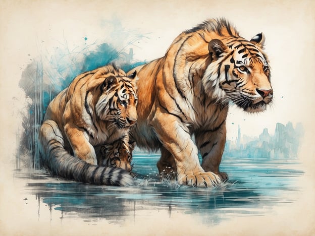 Das Bild zeigt eine beeindruckende Darstellung von Tigern, die in einem Wasserbereich stehen. Diese majestätischen Tiere haben eine faszinierende Geschichte, die eng mit der Entwicklung von Zoos verbunden ist.Ursprünglich wurden Tiere in Zoos oft als Kuriositäten gehalten, um das Publikum zu unterhalten. Mit der Zeit hat sich jedoch das Bewusstsein für den Naturschutz und das Wohl der Tiere gewandelt. Moderne Zoos bemühen sich, eine artgerechte Haltung zu bieten und Bildungsarbeit zu leisten, während sie gleichzeitig zur Erhaltung bedrohter Arten beitragen. Die Darstellung der Tigers im Bild erinnert uns an die Schönheit und Bedeutung dieser Tiere im Rahmen des globalen Naturschutzes.