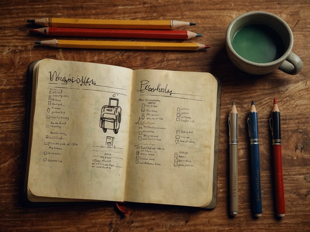 Auf dem Bild ist ein offenes Notizbuch zu sehen, in dem Listen und Zeichnungen, vermutlich von Reiseutensilien, festgehalten sind. Daneben liegen Farbstifte und ein Becher mit einer grünen Flüssigkeit, möglicherweise Tee oder Kaffee.
**Praktische Tipps für deinen Besuch:**
1. **Notizen machen:** Nutze ein Notizbuch, um Ideen oder To-Do-Listen festzuhalten. Es hilft, den Überblick zu behalten.
2. **Materialien einpacken:** Achte darauf, immer die richtigen Schreibutensilien dabei zu haben – Stifte in verschiedenen Farben können die Notizen auflockern.
3. **Pause einlegen:** Genieße während deiner Schreibzeit einen warmen Tee oder Kaffee. Das kann helfen, die Kreativität zu fördern.
4. **Entspannt arbeiten:** Wähle einen ruhigen Ort, um dich besser konzentrieren zu können. Ein schöner Tisch oder eine gemütliche Ecke kann Wunder bewirken.
5. **Skizzen einfügen:** Verwende Platz für kleine Zeichnungen oder Skizzen, um deine Gedanken visuell zu unterstützen.