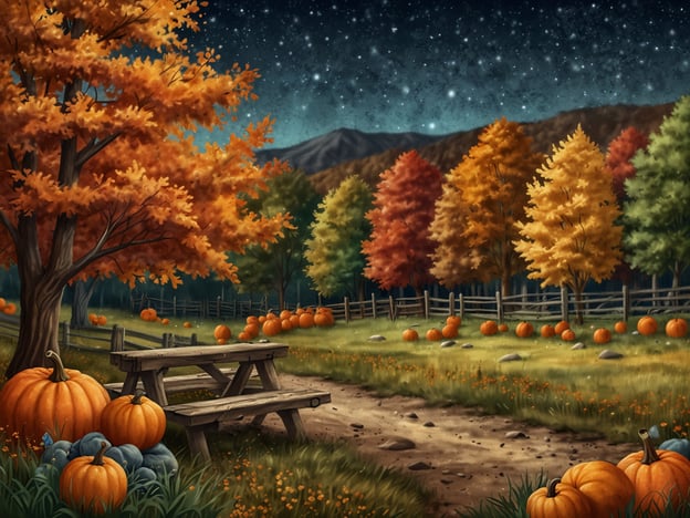 Auf dem Bild ist eine herbstliche Landschaft mit bunten Laubbäumen zu sehen. Die Bäume haben lebendige Farben in Orange, Gelb und Rot, die für die Herbstferien typisch sind. Im Vordergrund gibt es einen Holzpicknicktisch und eine Vielzahl von Kürbissen, die für Erntedank und Halloween beliebt sind.In den Herbstferien könnte man hier verschiedene Aktivitäten genießen, wie einen Spaziergang durch das bunte Laub, Kürbisschnitzen oder ein Picknick mit Familie und Freunden. Auch eine Fahrradtour durch die Natur oder ein Besuch auf einem Bauernhof, wo man Kürbisse selbst pflücken kann, wären spannende Abenteuer in dieser malerischen Umgebung. Die klare Nacht mit funkelnden Sternen lässt auch an gemütliche Lagerfeuerabende denken.
