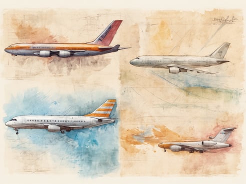 Auf dem Bild sind vier verschiedene Flugzeuge abgebildet, die in verschiedenen Perspektiven dargestellt sind. Im Bereich oben links sieht man ein Flugzeug mit einer orangenen und grauen Lackierung. Daneben, oben rechts, ist ein schlichtes, graues Flugzeug zu sehen. In der unteren Reihe links befindet sich ein Flugzeug mit charakteristischen orange und weiß gestreiften Tragflächen. Rechts unten ist ein weiteres Flugzeug abgebildet, das ebenfalls eine orangene Lackierung hat. Die Flugzeuge scheinen im Flug zu sein und sind von einer sanften, geblümten Hintergrundgestaltung umgeben, die den Eindruck von Bewegung und Dynamik vermittelt.
