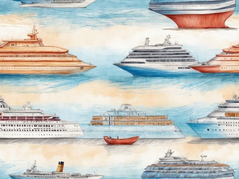 Eine Vielzahl von Kreuzfahrtschiffen ist auf einem aquamarinfarbenen Wasserhintergrund abgebildet. Die Schiffe sind in unterschiedlichen Größen und Designs dargestellt, darunter elegante Yachten und größere Passagierschiffe. Die Farbpalette umfasst sanfte Töne wie Blau, Weiß und Orange, die ein maritimes Gefühl vermitteln. Einige Schiffe sind detailreich gezeichnet, während andere einfacher gehalten sind. Im Vordergrund schwimmt ein kleines rotes Boot, das einen Kontrast zu den größeren Schiffen bildet. Der gesamte Look erinnert an eine stilvolle Hochseekreuzfahrt.