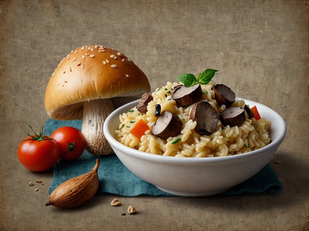 Auf dem Bild ist eine köstliche Portion Risotto zu sehen, verfeinert mit frischen Pilzen, die typisch für die toskanische Herbstküche sind. Die Kombination aus cremigem Reis, Pilzen und frischem Gemüse spiegelt die Aromen der Saison wider.Neben dem Risotto sieht man große Champignons, die häufig in der toskanischen Küche verwendet werden, sowie frische Tomaten, die ebenfalls in vielen Herbstgerichten vorkommen. Eine Eichel und einige Kräuter ergänzen das Gericht, was typisch für die Verwendung lokaler Zutaten in der toskanischen Gastronomie ist. Diese Elemente machen die Herbstküche der Toskana besonders reichhaltig und einladend.