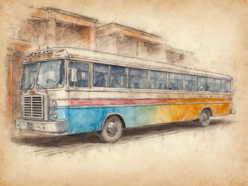 Ein bunt lackierter Bus mit blau, orange und pinken Streifen steht auf einem Platz. Der Bus hat große Fenster und eine markante Frontpartie. Im Hintergrund sind schemenhaft Gebäude zu erkennen, die den Eindruck eines städtischen Umfelds vermitteln. Die gesamte Szene ist in einem skizzenhaften, aquarellartigen Stil gehalten, der ein nostalgisches Gefühl vermittelt. Der Bus könnte im Rahmen eines Hoteltransfers eingesetzt werden.