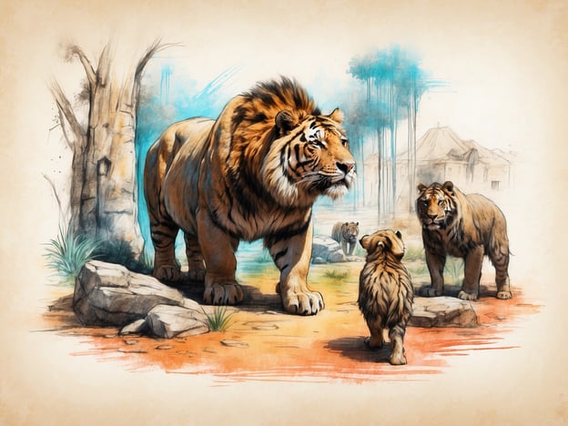 Auf dem Bild sind verschiedene Tiger zu sehen, darunter ein großer und majestätischer Tiger und einige kleinere Tiger. In einem Zoo könnten Besucher auf verschiedene Arten mit diesen Tieren interagieren, zum Beispiel durch:1. **Tierfütterungen**: Besucher könnten zusehen, wie die Tiger gefüttert werden, was eine spannende und lehrreiche Erfahrung ist.2. **Vorträge**: Zoopädagogen könnten Informationen über die Lebensweise und den Lebensraum der Tiger geben.3. **Beobachtungsplattformen**: Es könnten spezielle Aussichtsplattformen vorhanden sein, von denen aus die Besucher die Tiger in ihrer Umgebung beobachten können.4. **Fotomöglichkeiten**: Viele Zoos bieten spezielle Veranstaltungen, bei denen Besucher Fotos mit Tiger-Motiven im Hintergrund machen können.Diese Aktivitäten machen einen Besuch im Zoo zu einem interessanten Erlebnis!