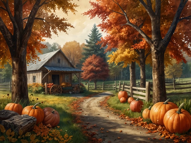 Auf dem Bild ist eine herbstliche Landschaft mit einem rustikalen Holzhaus zu sehen, umgeben von bunten Laubbäumen in verschiedenen Orangetönen. Auf dem Boden liegen Kürbisse, die typisch für die Herbstsaison sind, und der Weg führt sanft durch diese idyllische Szenerie.Hier sind einige Tipps für einen gelungenen Herbsturlaub:1. **Natur genießen**: Nutze die bunten Herbstblätter für Wanderungen oder Ausflüge in die Natur. Ein Besuch in einem Nationalpark kann atemberaubende Ausblicke bieten.2. **Lokale Erntefeste**: Nimm an einem Erntefest oder Kürbisfest teil. Viele Orte bieten besondere Veranstaltungen und lokale Produkte an.3. **Gemütliche Unterkünfte**: Suche nach einer charmanten Unterkunft wie einem Bed & Breakfast oder einem kleinen Landhaus für ein gemütliches Ambiente.4. **Herbstliche Küche**: Probiere saisonale Gerichte und Getränke wie Kürbissuppe, Äpfel oder frisch gepressten Apfelsaft.5. **Fotografie**: Halte die schönen Herbstfarben mit deiner Kamera fest. Frühmorgens oder zum Sonnenuntergang sind oft die besten Lichtverhältnisse.6. **Kulturelle Erlebnisse**: Besuche lokale Museen oder Kunstveranstaltungen, die sich auf den Herbst oder die Region konzentrieren.7. **Entspannung**: Plane auch Zeit zur Entspannung ein. Ein Buch im Freien oder eine Tasse Tee vor dem Kamin können Wunder wirken.Viel Spaß bei deinem Herbsturlaub!