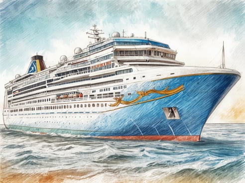 Ein Kreuzfahrtschiff fährt majestätisch durch ruhiges Wasser. Das Schiff ist größtenteils weiß mit einem blauen Rumpf und dekorativen gelben Elementen. Die Struktur ist mehrstöckig und verfügt über zahlreiche Fensterscheiben sowie eine auffällige Aufbauten an der Oberseite. Der Himmel ist leicht bewölkt und verleiht der Szene eine maritime Atmosphäre.