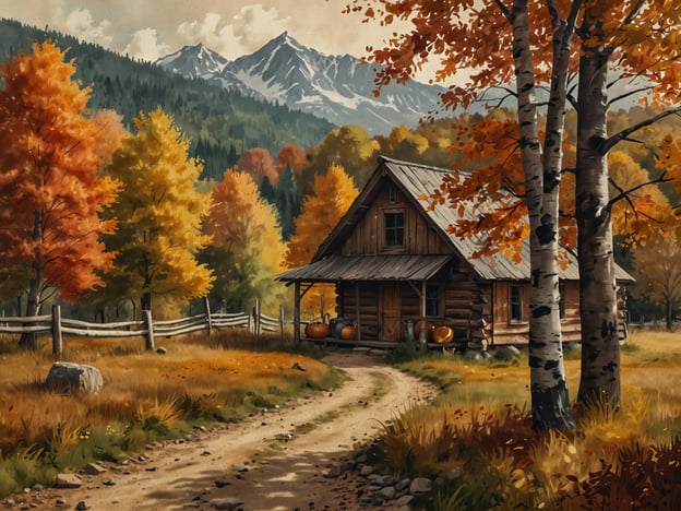 Auf dem Bild ist eine malerische Holzferienhütte in einer herbstlichen Landschaft zu sehen. Die Bäume tragen leuchtende Farben in Gelb, Orange und Rot, die typisch für den Herbst sind.Stell dir vor, wie schön es wäre, einen Herbsturlaub hier zu verbringen. Man könnte Spaziergänge auf den schmalen Wegen machen, die von bunten Blättern gesäumt sind, oder einfach auf der Veranda der Hütte entspannen und die frische, kühle Luft genießen. Ein Lagerfeuer zu machen und dabei heiße Schokolade zu trinken, wäre eine wunderbare Aktivität.Außerdem könnte man mit der Familie oder Freunden die Umgebung erkunden, vielleicht einen Ausflug in die Berge unternehmen und die atemberaubende Aussicht genießen. Das Sammeln von Kürbissen für Halloween oder das Fotografieren der fantastischen Natur wären auch tolle Erlebnisse, die den Herbsturlaub unvergesslich machen!