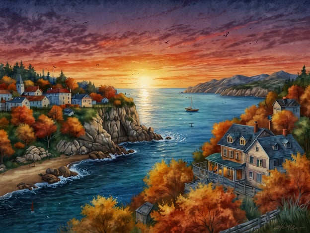 Auf dem Bild ist eine malerische Küstenlandschaft zu sehen, die ein ruhiges Meer, eine bunte Herbstlandschaft und eine entspannte Atmosphäre vermittelt. Die Sonne geht am Horizont unter und taucht die Szene in warmes Licht, während kleine Boote auf dem Wasser schwimmen. Die Umgebung wird von herbstlich gefärbten Bäumen und charmanten Häusern dominiert, die an den Klippen stehen.**Fazit:** Die Schönheit des Mittelmeers im Herbst zeigt sich in den sanften Farben und der idyllischen Ruhe dieser Landschaft, die den Wandel der Jahreszeiten harmonisch einfängt.