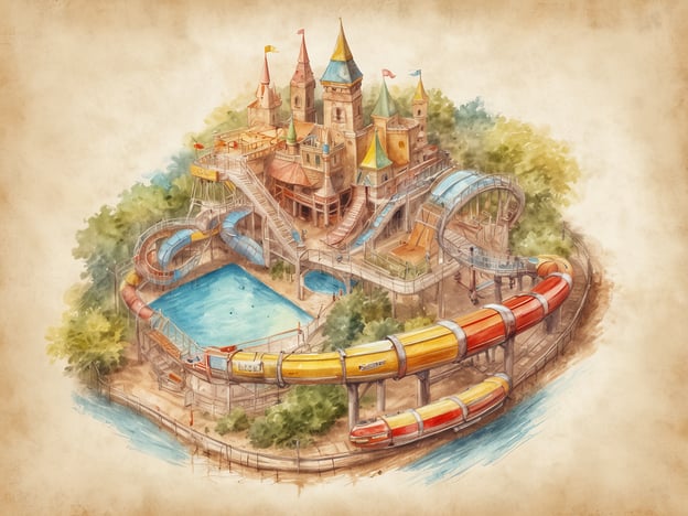 Ein farbenfrohes Wasserpark-Design mit einem großen Schloss als Hauptattraktion. Rund um das Schloss sind verschiedene Wasserrutschen in bunten Farben angeordnet, die in ein blauschimmerndes Schwimmbecken münden. Die Umgebung ist grün und einladend, mit Bäumen und einem kleinen Fluss, der das Gelände umgibt. Dieses Bild vermittelt ein Gefühl von Spaß und Abenteuer, ideal für einen Kururlaub.