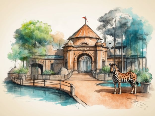 Auf dem Bild ist eine künstlerische Darstellung eines Eingangsbereichs, der an einen Zoo erinnert, möglicherweise inspiriert vom Erlebnis-Zoo Hannover. Der Entwurf zeigt eine beeindruckende Architektur mit einem kuppelartigen Dach, umgeben von grünen Bäumen und einem kleinen Wasserlauf. Vor dem Gebäude steht ein Tiger, was symbolisch für die vielfältige Tierwelt ist, die in solchen Zoos zu finden ist.Der Erlebnis-Zoo Hannover ist bekannt für sein Konzept, dass Tiere in naturnahen Lebensräumen gezeigt werden. Diese Art der Präsentation ermöglicht es Besuchern, die Lebensweise der Tiere besser zu verstehen und die Biodiversität hautnah zu erleben. Der Zoo bietet nicht nur zahlreiche Tierarten, sondern auch viele interaktive Erlebnisse, die Bildung und Unterhaltung miteinander verbinden.