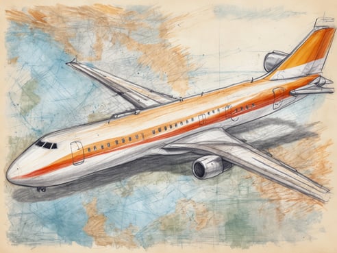 Ein skizzierter Linienflugzeug in leuchtenden Orange- und Grautönen, das über eine abstrahierte Wolkenlandschaft fliegt. Das Flugzeug hat eine geschwungene Form mit klar definierten Tragflächen und Triebwerken, während der Hintergrund in sanften Blau- und Erdtönen gehalten ist. Die Zeichnung vermittelt einen dynamischen Eindruck von Bewegung durch den Himmel.