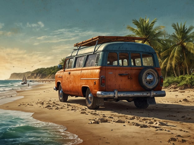 Auf dem Bild ist ein nostalgischer orangefarbener VW-Bus zu sehen, der am Strand parkt. Die Szenerie vermittelt ein Gefühl von Urlaub und Freiheit. Hier sind ein paar Aktivitäten, die zu solch einer Umgebung passen:1. **Strandspiele**: Freunde oder Familie können Beachvolleyball oder Frisbee spielen.2. **Schwimmen**: Im klaren Wasser planschen oder schwimmen gehen.3. **Surfen**: Für Abenteuerlustige könnte Surfen eine spannende Möglichkeit sein, die Wellen zu reiten.4. **Picknick**: Ein entspanntes Picknick direkt am Strand mit Snacks und erfrischenden Getränken.5. **Sandburgenbauen**: Besonders für Kinder macht es Spaß, kreative Sandburgen zu bauen.6. **Spaziergang**: Ein gemütlicher Spaziergang entlang der Küste, um die Aussicht zu genießen.Diese Aktivitäten bieten für jeden Geschmack etwas und tragen zur entspannten Atmosphäre am Strand bei.