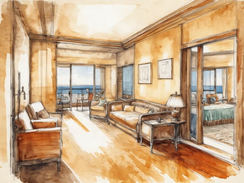 Eine helle und elegante Suite eines Luxushotels mit einem großen Fenster, das einen Blick auf das Meer bietet. Der Raum ist geschmackvoll eingerichtet mit einem Sofa und zwei Sesseln in warmen Farben. Ein kleiner Tisch steht vor dem Sofa, und eine moderne Lampe ergänzt die Einrichtung. Durch eine offene Tür ist ein weiteres Zimmer mit einem grünen Bett sichtbar. Der Boden ist aus hellem Holz, und die Wände sind in sanften, neutralen Tönen gehalten.