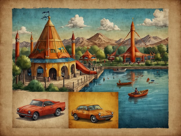 Auf dem Bild sieht man eine farbenfrohe Freizeitlandschaft. Im Vordergrund gibt es einen malerischen See, auf dem Menschen in Ruderbooten fahren. Im Hintergrund ist ein großer, spielerischer Freizeitpark mit einem auffälligen, bunten Bau und einer Riesenrutsche zu sehen. Die Umgebung ist von Bergen und Bäumen umgeben, was eine schöne Naturkulisse schafft.Zusätzlich sind im unteren Bild Ecke zwei klassische Autos abgebildet, die nostalgische Gefühle wecken. Diese Szenerie könnte ein ideales Ziel für Familienausflüge sein, wo Kinder und Erwachsene gemeinsam Spaß haben können.