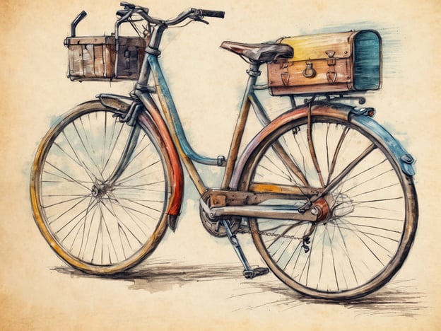 Ein farbenfrohes Mietfahrrad mit einem Blau und Orange lackierten Rahmen steht auf einer hellen, strukturierten Oberflächen. Das Fahrrad hat zwei Körbe, einen hinten und einen vorne, sowie eine klassische Form mit schmalen Reifen und einem bequemen Sattel. Die Darstellung hat einen handgezeichneten, künstlerischen Stil und vermittelt ein nostalgisches Gefühl.