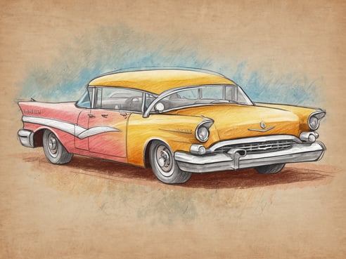 Ein klassischer Mietwagen in leuchtenden Farben, bestehend aus einer rot-gelben Karosserie mit eleganten Linien und Details. Der Wagen steht auf einer neutralen Hintergrundfarbe, die den Vintage-Charakter des Fahrzeugs betont und die Aufmerksamkeit auf das Design lenkt. Die Fenster sind klar und die Chromverzierungen glitzern, was den nostalgischen Look des Autos unterstreicht. Ideal für eine Seite zur Mietwagenversicherung, um das Interesse an historischen Fahrzeugen zu wecken.