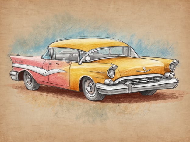 Ein klassischer Mietwagen in leuchtenden Farben, bestehend aus einer rot-gelben Karosserie mit eleganten Linien und Details. Der Wagen steht auf einer neutralen Hintergrundfarbe, die den Vintage-Charakter des Fahrzeugs betont und die Aufmerksamkeit auf das Design lenkt. Die Fenster sind klar und die Chromverzierungen glitzern, was den nostalgischen Look des Autos unterstreicht. Ideal für eine Seite zur Mietwagenversicherung, um das Interesse an historischen Fahrzeugen zu wecken.