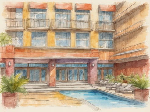 Das Bild zeigt die Fassade eines Mittelklassehotels mit einem modernen und einladenden Design. Im Vordergrund befindet sich ein glitzernder Pool, umgeben von einer Terrasse mit Liegen. Die Hotelwände sind in warmen Farben gehalten und haben große Fenster, die viel Licht hereinlassen. Über den Fenstern sind Markisen angebracht. Der Bereich um den Pool ist mit verschiedenen Pflanzen dekoriert, was eine entspannende Atmosphäre schafft.