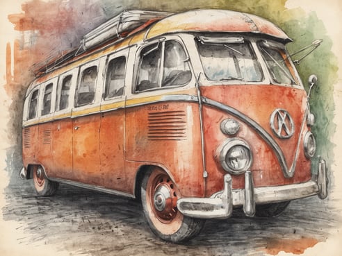 Ein orangefarbener Oldtimer-Bus steht auf einer schlichten Straße. Der Bus hat große, runde Scheinwerfer und eine auffällige VW-Emblematik. Auf dem Dach sind zwei Dachboxen montiert, die darauf hindeuten, dass er für Reisen oder Abenteuer genutzt wird. Die Umgebung wirkt entspannt und nostalgisch, passend zur offiziell charmanten Ästhetik des Fahrzeugs, das in sanften Wasserfarben dargestellt ist.