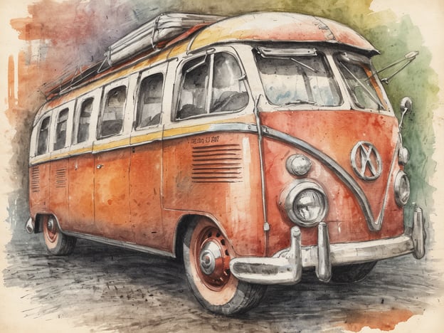 Ein orangefarbener Oldtimer-Bus steht auf einer schlichten Straße. Der Bus hat große, runde Scheinwerfer und eine auffällige VW-Emblematik. Auf dem Dach sind zwei Dachboxen montiert, die darauf hindeuten, dass er für Reisen oder Abenteuer genutzt wird. Die Umgebung wirkt entspannt und nostalgisch, passend zur offiziell charmanten Ästhetik des Fahrzeugs, das in sanften Wasserfarben dargestellt ist.