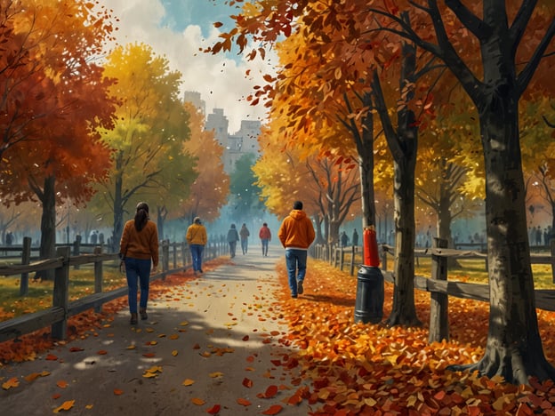 Auf dem Bild sind Spaziergänger in einem malerischen Park zu sehen, der von herbstlichen Farben geprägt ist. Die Bäume rund um den Weg sind in leuchtenden Rot- und Gelbtönen gefärbt, während die Herbstblätter über den Boden liegen. Diese Szenerie erinnert an die zeitliche Veränderung und die festliche Stimmung, die mit dem Herbst einhergeht.In vielen Kulturen werden im Herbst Festivals gefeiert, die den Erntezeitraum und die Schönheit der Natur zelebrieren. Solche Feste bieten oft die Möglichkeit, mit Familie und Freunden zusammenzukommen, lokale Spezialitäten zu genießen und die frische Luft der Jahreszeit zu erleben. Der Herbst ist die perfekte Zeit, um die Natur zu genießen, gemeinsam Zeit im Freien zu verbringen und die Veränderung der Landschaft zu bewundern.
