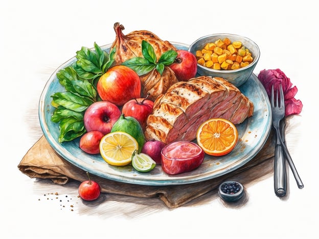 Auf dem Bild ist ein ansprechend angerichteter Teller mit kulinarischen Köstlichkeiten zu sehen. Er enthält verschiedene Früchte wie Äpfel, Limetten und Orangen sowie eine Art Fleischgericht, das schön aufgeschnitten ist. Dazu gibt es auch eine kleine Schüssel mit einer Beilage.In einem Zoo könnte man solche Gerichte in den Gastronomiebereichen finden, wo Besucher eine Pause einlegen und sich stärken können. Souvenirs könnten in diesem Kontext spezielle Snacks oder lokale Produkte sein, die man im Zoo kauft, um das Erlebnis zu erinnern.