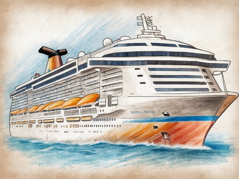 Ein farbenfrohes Kreuzfahrtschiff, das auf ruhigem Wasser fährt. Das Schiff hat mehrere Decks mit großen Fenstern und orangefarbenen Liegen auf dem Hauptdeck. Der charakteristische Schornstein ist in Gelb, Rot und Schwarz gehalten. Im Hintergrund sind sanfte Wellen zu sehen, die das Schiff umgeben. Die Szene ist mit einem hellen, skizzenhaften Hintergrund versehen, der dem Bild einen künstlerischen Touch verleiht.