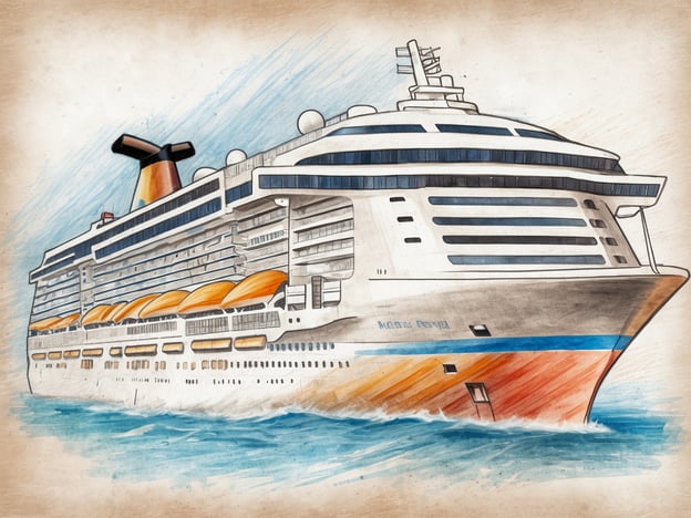 Ein farbenfrohes Kreuzfahrtschiff, das auf ruhigem Wasser fährt. Das Schiff hat mehrere Decks mit großen Fenstern und orangefarbenen Liegen auf dem Hauptdeck. Der charakteristische Schornstein ist in Gelb, Rot und Schwarz gehalten. Im Hintergrund sind sanfte Wellen zu sehen, die das Schiff umgeben. Die Szene ist mit einem hellen, skizzenhaften Hintergrund versehen, der dem Bild einen künstlerischen Touch verleiht.