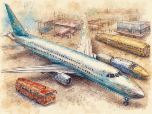 Eine farbenfrohe Illustration eines Flughafens mit einem großen Passagierflugzeug, das an einem verbesserten Flugsteig geparkt ist. Im Vordergrund steht ein roter Bus, der Passagiere befördern könnte. Im Hintergrund sind weitere Gebäude und versorgende Fahrzeuge zu sehen. Die gesamte Szene vermittelt das Gefühl von Reise und Abenteuer.