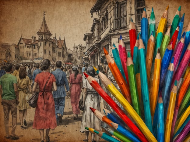 Auf dem Bild sehen wir eine belebte Straße mit Menschen, die in verschiedene Richtungen gehen, sowie einen historischen Hintergrund mit einem charmanten Turm. Die bunte Sammlung von Buntstiften an der Seite verleiht dem Bild eine kreative Note.
Wenn du mehr über kulturelle Geheimtipps erfahren möchtest, könntest du die Stadt erkunden und kleine, lokale Veranstaltungen besuchen. Viele Städte haben Märkte oder Festivals, die handgefertigte Waren und lokale Spezialitäten anbieten.
Ein weiterer Tipp wäre, an einem Kunst- oder Handwerkskurs teilzunehmen, der oft in kreativen Vierteln angeboten wird. Diese Erlebnisse bieten nicht nur die Möglichkeit, die lokale Kultur intensiver kennenzulernen, sondern auch mit den Einheimischen in Kontakt zu treten!