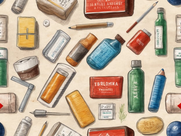 Auf dem Bild sind verschiedene Gegenstände zu sehen, die typischerweise in einer Reiseapotheke enthalten sind. Dazu gehören Medikamentenbehälter in unterschiedlichen Formen und Farben, eine Salbe, eine Spritze, ein Pflaster, sowie einige weitere kleine Behälter und Tuben. Die Gegenstände sind auf einem hellen Hintergrund verteilt, und es sind auch verschiedene Schreibutensilien zu sehen. Alles zusammen vermittelt den Eindruck einer gut ausgestellten Reiseapotheke.