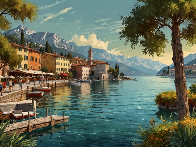 Stellen Sie sich eine idyllische Situation am Gardasee vor, wo die Sonne auf das glitzernde Wasser scheint und die umliegenden Berge majestätisch in den Himmel ragen.Auf dem Bild sehen wir eine malerische Uferpromenade, die gesäumt ist von charmanten, bunten Gebäuden. Restaurants mit Terrassen laden zum Verweilen ein, während Menschen fröhlich entlang der Wasserlinie spazieren. Kleine Boote liegen sanft an den Stegen, und in der Ferne erhebt sich ein Kirchturm, der das Bild mit seinem historischen Charme ergänzt. Die Landschaft ist lebendig und vermittelt ein Gefühl von Entspannung und Lebensfreude.