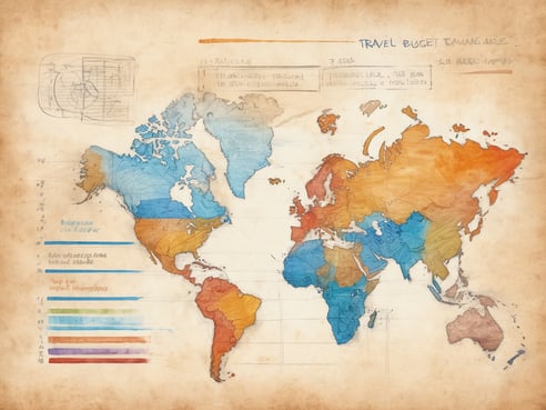 Eine stilisierte Weltkarte mit sanften Aquarellfarben, die verschiedene Kontinente in Braun, Blau, Orange und Grün darstellen. Am oberen Rand ist die Beschriftung "Travel Budget" zu sehen, sowie handschriftliche Notizen und Zahlen. Auf der linken Seite sind Farbcodes und Legenden abgebildet, die vermutlich Reisebudgets oder -kosten darstellen. Der Hintergrund hat einen gedeckten, alten Papierlook, der der Karte eine historische Note verleiht.