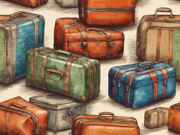 Auf dem Bild sind verschiedene Koffer und Reisetaschen in unterschiedlichen Farben und Größen zu sehen. Die Koffer sind in warmen Tönen wie Orange, Grün und Blau sowie in neutralen Farben gehalten und besitzen oft Lederdetails. Die Anordnung der Gepäckstücke wirkt chaotisch, aber harmonisch, und vermittelt ein Gefühl von Reisevorbereitungen und Abenteuer. Die Oberfläche der Koffer zeigt eine leicht nostalgische Note, die an vergangene Zeiten erinnert.